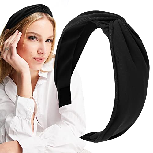 WOVOWOVO Top Knotted Headbands for Women Girls, Twist Wide Head Bands Yoga Non Slip Fashion Elastic Hairbands for Women's Hair Accessories (Black)