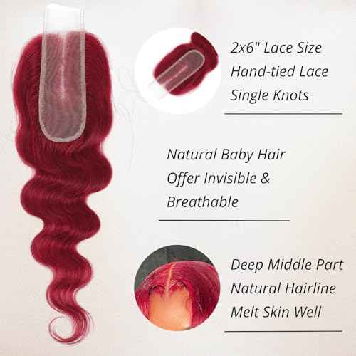 12A Burgundy Red Bundles with Closure 2x6 Human Hair Body Wave 16 18 20+16 Inch, 3 Bundles and 2x6 HD Transparent Lace Closure Human Hair Deep Part Cherry Red 99J Colored Bundles Quick Weave