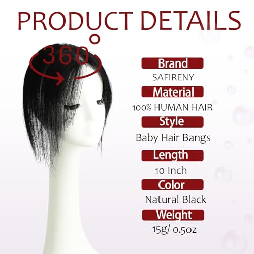 SAFIRENY Jet Black 10 Inch Human Hair Clip-in Bangs Hair Topper Women