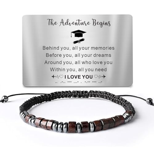 TAGOMEI 2024 Graduation Gifts for Him Boys 5th 8th Grade High School College Graduation Gifts for Him Mens Morse Code Bracelets with Engraved Graduation Card Wallet, Handmade Mens Beaded Bracelets