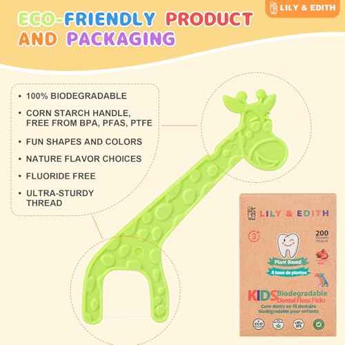 LILY & EDITH Kids Biodegradable Dental Floss Picks 200 Counts, Fluoride Free, Plant Based Material, Fun Animal Flossing Sticks, Ultra Sturdy Thread, Zero Waste Package (Unflavored)