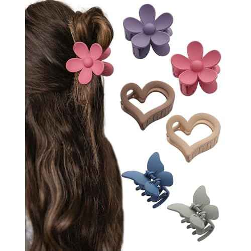 HAIMEIKANG 6 PCS Hair Claw Clips - Matte Flower, Heart, Butterfly Hair Claw Clips for Women Girls - Non-Slip and Strong Hold for Thin/Medium/Thick Hair