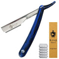 Professional Straight Razors For Men 2mm Exposed Blade Straight Edge Barber Razor Kit For Close Shaving - Beard Navajas Para Barbero Shavette 10 Shaving Blades By Krisp Beauty (Blue Marble Design)