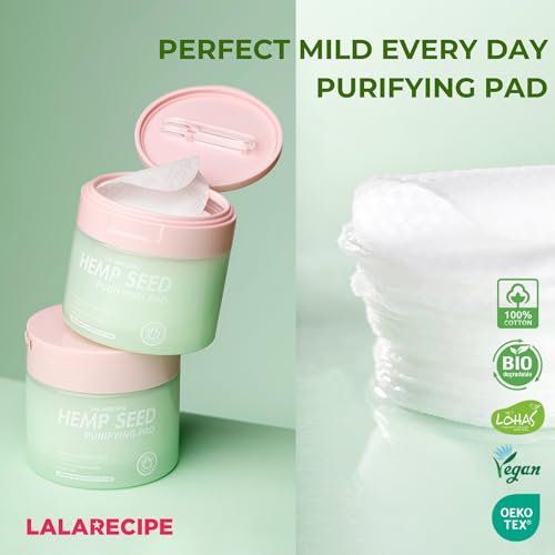 LALARECIPE Hemp Seed Purifying Facial Pads ? Korean Toner Pads with 83% Hemp Seed Extract & 5% PHA ? Gentle Exfoliating & Hydrating Skincare for Sensitive & Troubled Skin (70 Pcs)