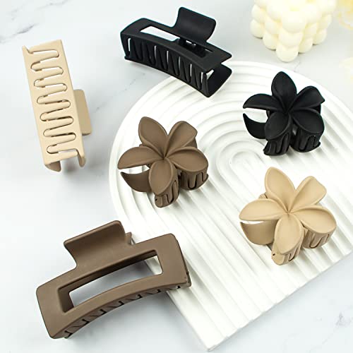 Large Claw Clips for Thick Curly Hair, Matte Flower Hair Clips for Thin Fine Hair, 4.1 Inch Big Square Claw Clips for Women Girls, 2 Styles Non Slip Hair Claw, Cute Neutral Hair Claw Clips (6 pack)