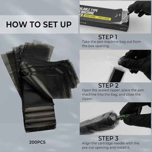 Sealable Tattoo Pen Covers Large, Gun Covers 2.5''x 7.8'', 200pcs Tattoo Machine Covers, Tattoo Machine Wrap for Tattoo Artists - Pro Supplies Accessories Black(2.5inchX7.8inch)