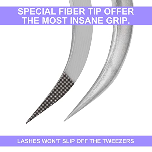Fiber Tip Lash Tweezers For Eyelash Extension Tweezers Professional Artist Tech Work Kit Tools,Best Volume Eyelash Lashes Extensions Purple Tweezers Precision Supplies(C Curved)