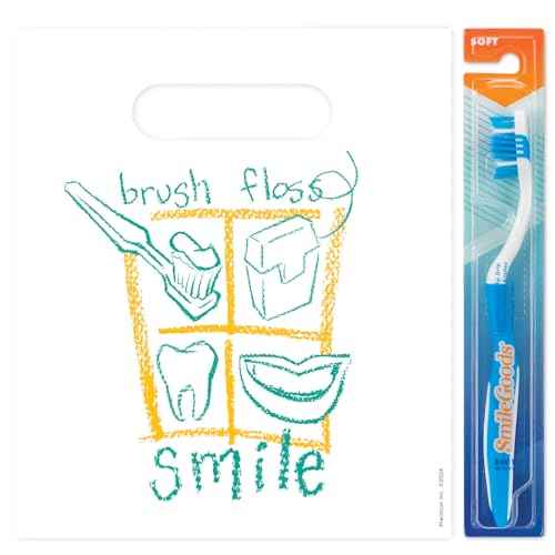 Practicon Brush Floss Smile 7-3/4" x 9" Dental Giveaway Bag, Dental Hygiene Patient Care Goodie Bag, Dentist Office Plastic Gift Bags, 100 Pack