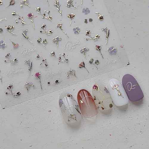 Flower Nail Stickers for Nail Art Decals Charms,5D Embossed Floral Butterfly and Heart Gem, Self-Adhesive 5 Styles Craft Nail Supplies 2 Sheets with Tweezers Kit for Women Decoration