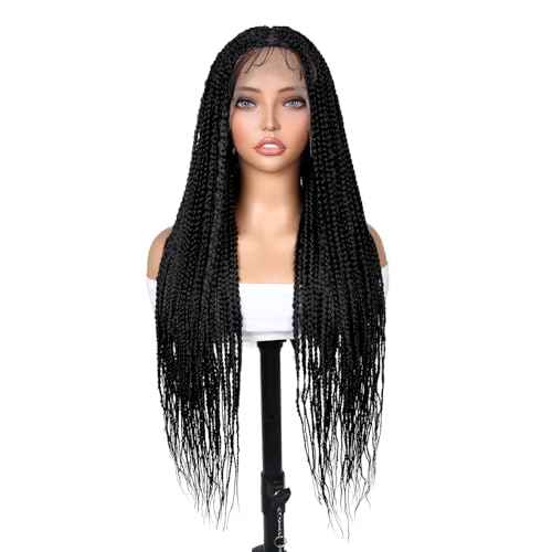 Full Lace Box Braid Wig with Baby Hair Pre Plucked Knotless Square Part Braided Wig for Black Women Full Double Lace Frontal Synthetic Handmade Braids Natural Hairstyle(1b, 32")