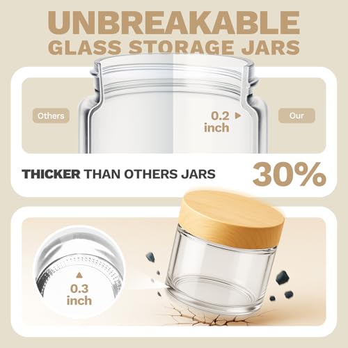 Bumobum 2 oz Small Glass Jars with Plastic Woodgrain Lids, 24 Pack Clear Glass Cosmetic Jars with Inner Liners, 60ml Refillable Empty Sample Containers for Cream, Salve, Powders and Lotion Storage