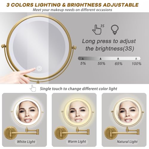Wall Mounted Lighted 8 Inches Rechargeable Double-Sided 1X/10X Magnifying Mirror for Makeup, 3 Colors Led, Touch Dimmable, Memory Function, 360 Rotation, Foldable, Brushed Antique Brass