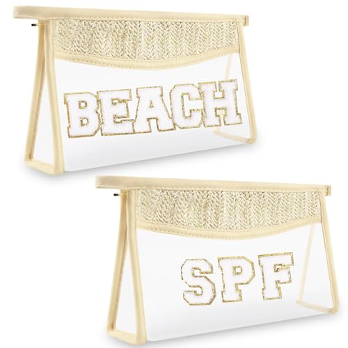 Boho Clear Makeup Pouch with Glitter Letters - Waterproof Toiletry Bag