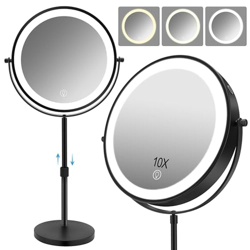8.7" Large Lighted Makeup Mirror, 1X/10X Magnifying Mirror with 3 Color Dimmable Lights, Double Sided Vanity Mirror, Height Adjustable, 360¡Æ Swivel Cosmetic Mirror for Women Girl(Black)