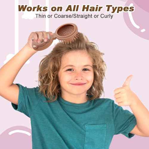 Mini travel hair brush for kids, Round Folding Pocket Mirror small toddler Hair Brush for Boys and Girls,Baby hair detangling brush Massage Hair Brush with Air Cushion for Thick Hair(Brown)