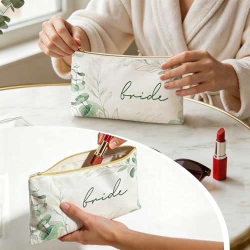 7 Pcs Team Bride Makeup Bags - Sage Green Canvas with Golden Zippers