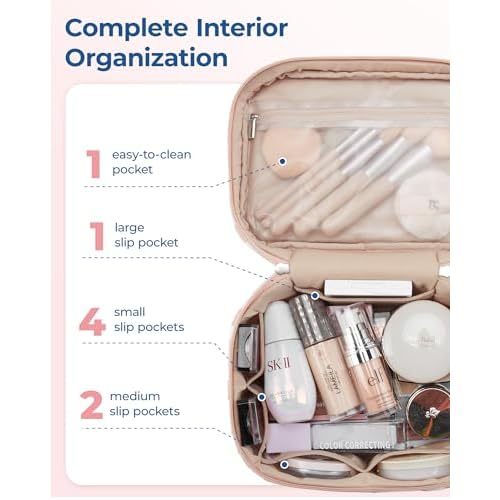 BAGSMART Travel Makeup Bag, 2-Piece Puffy Quilted Cute Make Up Bag Cosmetic Bags for Women, Large Wide-Open Toiletry Pouch Gifts for Toiletries Accessories Travelling Essentials, Checkered Khaki