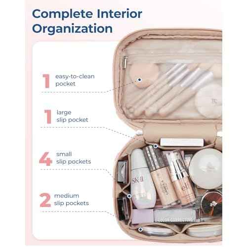 BAGSMART Travel Makeup Bag, 2-Piece Puffy Quilted Cute Make Up Bag Cosmetic Bags for Women, Large Wide-Open Toiletry Pouch Gifts for Toiletries Accessories Travelling Essentials, Pink