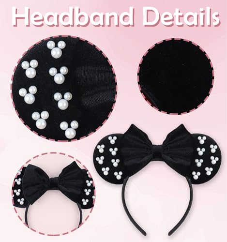 LIHELEI Velvet Pearl Mouse Ears Headband for Women Halloween Costume Party Hair Accessories - Black Pearl, Size 9x7"