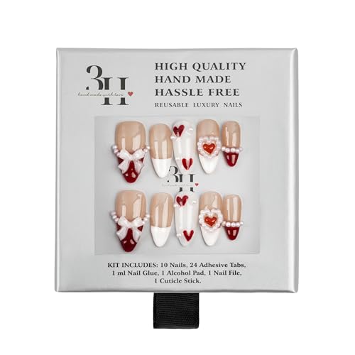 3H Luxury Handmade Press On Nails Candy Crush (Red, Small), Short Almond Artificial Nails with 3D Pearls, White Bows & Red Hearts, Reusable