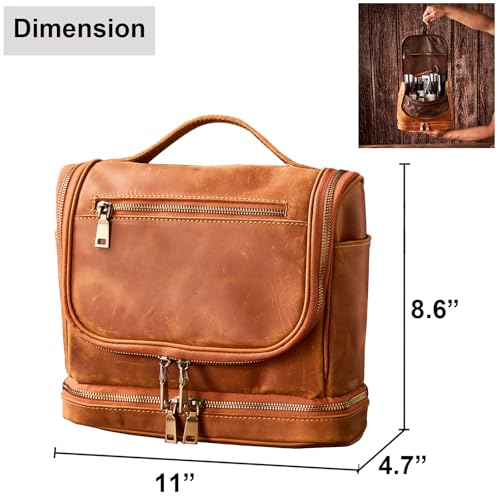EURYNOME Travel Toiletry Bag For Men, Genuine Leather Shaving Dopp Kit Bottom Storage Holds More (11x8.6x4.7)-Mens Toiletry Bag -Leather Makeup Cosmetic Organizer Kit - Men Travel Toiletries Bag