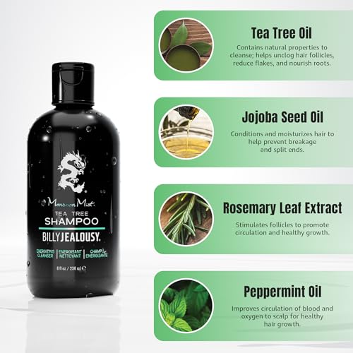 Billy Jealousy Monsoon Mist Tea Tree Energizing Men's Shampoo with Peppermint & Rosemary, Removes Oil Build-up and Soothes Scalp Itch & Irritation, 8 Oz.