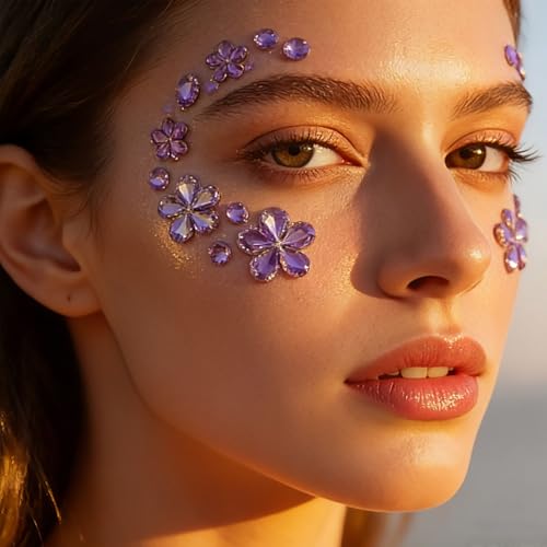 Purple Flower Face Gems Stickers - 2 Sheets Self Adhesive Rhinestones