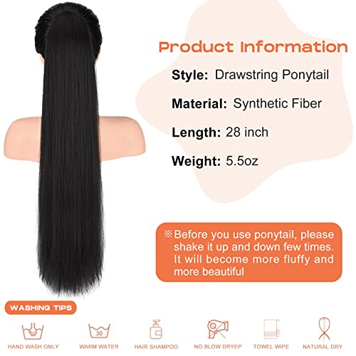 SEIKEA 28" Ponytail Extensions Drawstring Long Straight Fake Pony Tail Natural Soft Clip in Hair Extension Synthetic Heat Resistant Hairpiece - Black