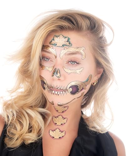 Dia de los Muertos Face Tattoo - 2 Pack Sugar Skull Gold