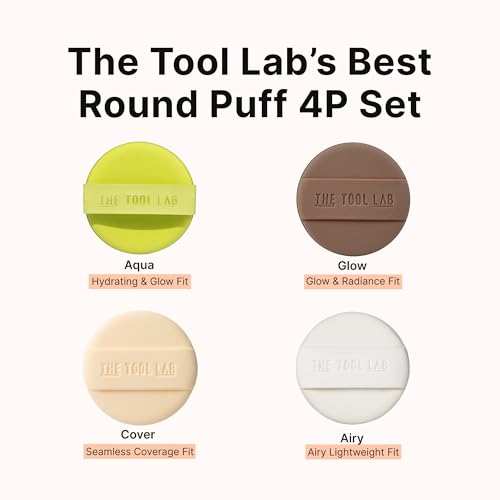 THE TOOL LAB Long-lasting Tension Puff 4P Set, Glow + Cover + Airy + Aqua, Liquid Cushion Foundation, Rubycell Makeup Sponge for Hydrating & Smooth Coverage, Korean Makeup (4P, 2.1 inch, Round)