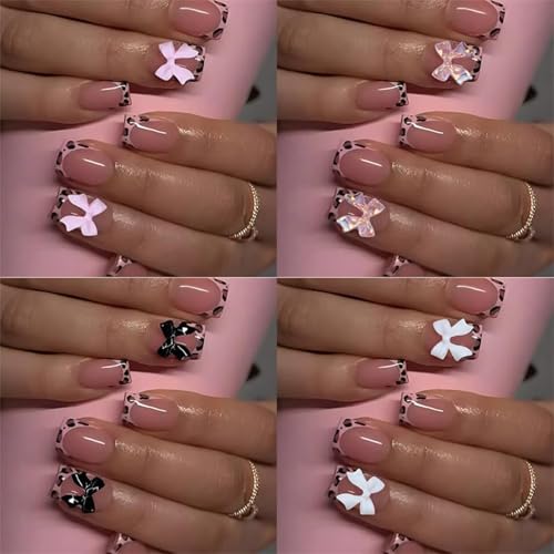 Pink French Tip Press-On Nails Set - 96Pcs Short Square with Bow