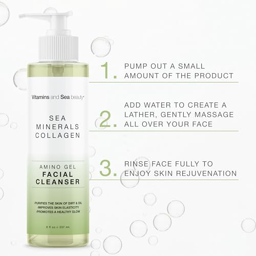 Amino Gel Facial Cleanser with Sea Minerals & Collagen ? Radiance, Oil Control, and Elasticity ? Vegan, Paraben-Free, 8 fl oz