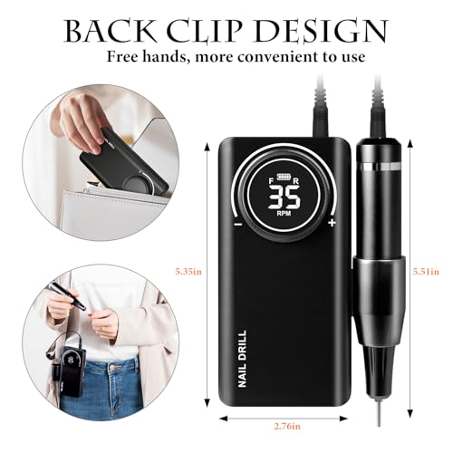 Professional Electric Nail Drill 35000 RPM, Rechargeable Electric Nail File Machine Set, Portable Cordless Electric File, Professional Nail Care Tools, Manicure Pedicure, Home Salon Use (Black)