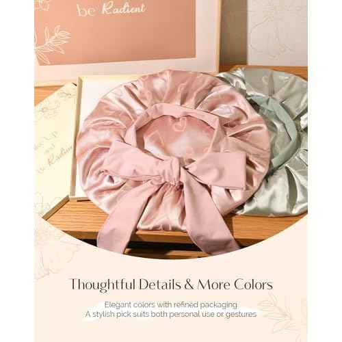 YANIBEST Adjustable Satin Bonnet for Sleeping, Double Layer Silk Bonnet with Tie Band for Women, Sleep Cap Curly Natural Hair, Pink