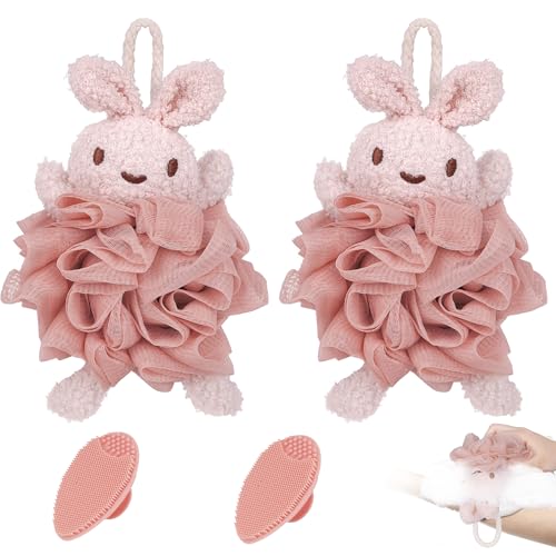 Bath Sponges,Animal Bath Sponges, Handmade Bath Flower Cute Rabbit, Bathing Balls,Exfoliating Back Scrubber, Bath Scrubber, Shower Scrubber, Body Scrubber(2Pcs Rabbit