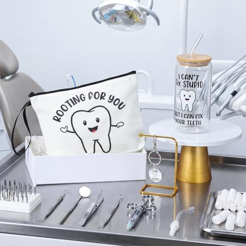 Kacctyen Dental Assistant Gifts Dentist Hygienist Gift for Women Dental Assistant Appreciation Week Makeup Bag with Keychain 17 oz Glass Cup with Lid and Straw Set for Women Men Accessories