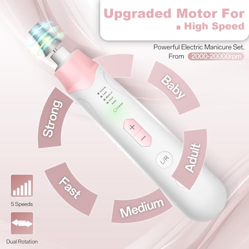 Pink Cordless Electric Nail Drill File Kit with 10 Accessories & LED Lamp