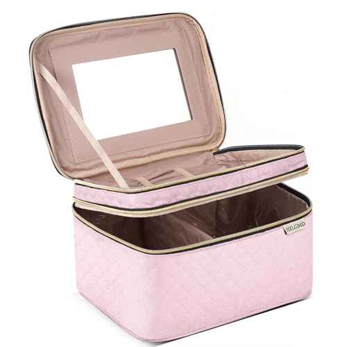 Large Makeup Bag with Mirror Double Layer Travel Make Up Organizer Case, Large Capacity Coemetic with Brush Slot Divider, Travel Toiletry Bag for Women (Pink)