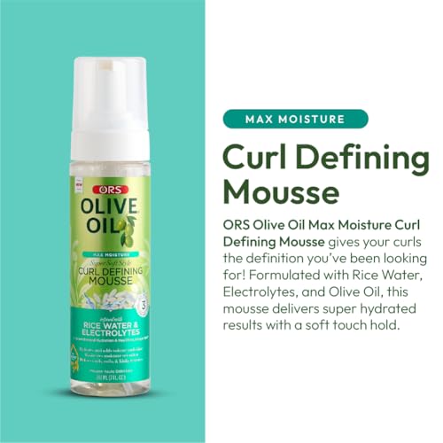 Olive Oil Max Moisture Super Soft Style Curl Defining Mousse infused with Rice Water & Electrolytes for Supercharged Hydration & Growth (7.0 oz)