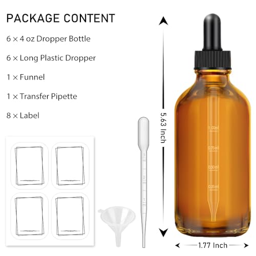 Amber Glass Dropper Bottles 4oz - 6 Pack with Pipettes & Labels