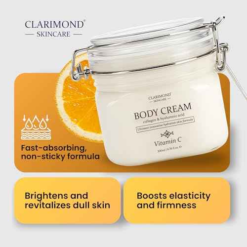CLARIMOND Vitamin C Body Cream | Hyaluronic Acid & Collagen for Women | Hydrating Body Care Cream for Dry, Aging Skin | Fast-Absorbing, Non-Greasy Formula | Paraben & Sulfate Free | 200ml