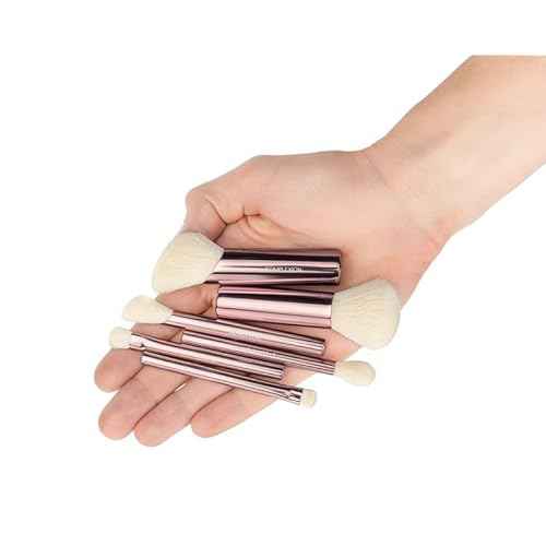 Jenny Patinkin Luxury Sustainable Brush Babies Mini Makeup Brush Set with Full Size Brush Heads on Palm-Sized Handles.
