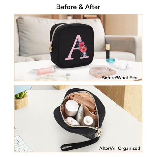 Relavel Initial Mini Makeup Bag for Girls, Small Makeup Bag for Purse with Zipper £¦ Removable Handle, Portable Makeup Pouch Lipstick Skincare Bag, Small Gift Cosmetic Bags for Women Girls(Black T)