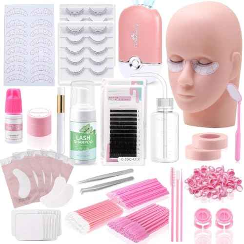 Lash Extension kit for Beginners, Eyelash Extension Kit with Mannequin Head, Lash Starter Kit with Everything Eyelash Glue USB Fan Cosmetology Esthetician Supplies for Practice Training