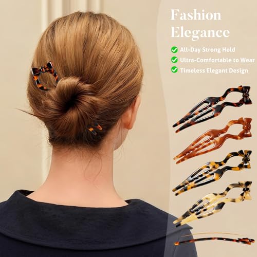 Tiefebene Tortoise Shell 4.33” French Hair Pins for Updos & Buns – Bow Design