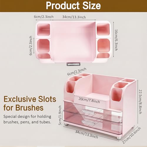 Makeup Organizer for Vanity Countertop with 2 Large Drawers, Spacious Display Cabinet, Partitioned Top Compartment 6 Brush Holders - Pink Beauty Storage Solution