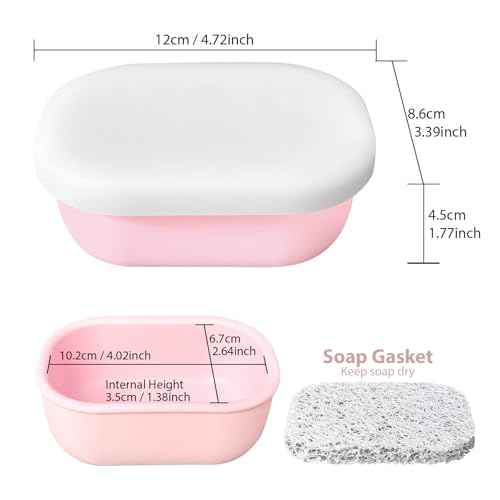 Leakproof Silicone Travel Soap Case with Drainage Layer, Silicone Bar Soap Holder Compact Portable Shatterproof Soap Container Box for Bathroom Gym Camp Travel Toiletries (Pink, Clear Lid)