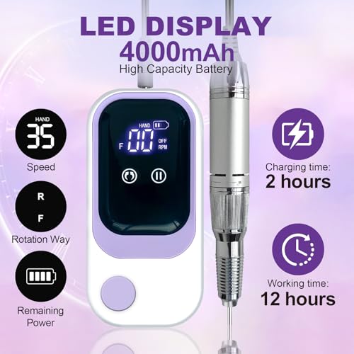 Nail Drill Professional Electric 35000RPM Nail Drill Kits Purple Portable Nail E File Machine with Bits & Base for Acrylic Gel Nail Polish Remover Cordless Rechargeable Nails Manicure for Salon Home