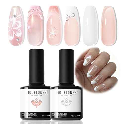 modelones French Tip Gel Nail Polish Set 2 Pcs 15ml Milk White and Nude Pink French Manicure Kit Jelly Nude Soak Off UV Natural Base Color Gel Polish Nail Art Home DIY Gift for Women