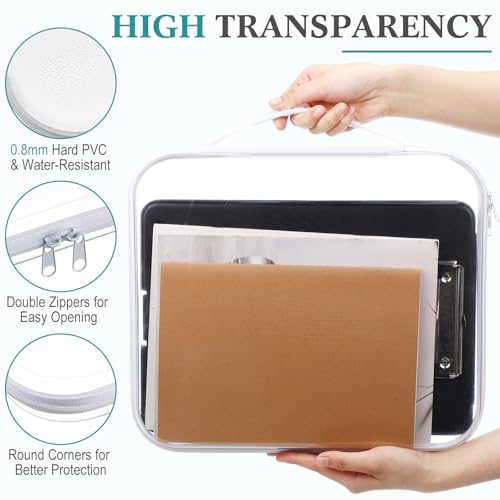 Sanwuta 4 Pcs Clear Hard Zipper Case with Handle Office Storage Cases Hard Plastic Pouches Transparent Bins for Crafts, Snacks, Cosmetics, Puzzles(13.8 x 11.8 x 2 Inches,White)